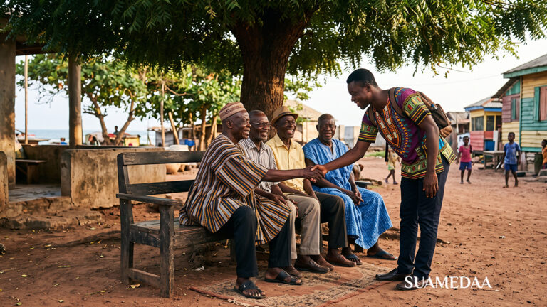 A-young-visitor-greeting-a-group-of-elderly-Ghanaian-men-seated-on-a-wooden-bench