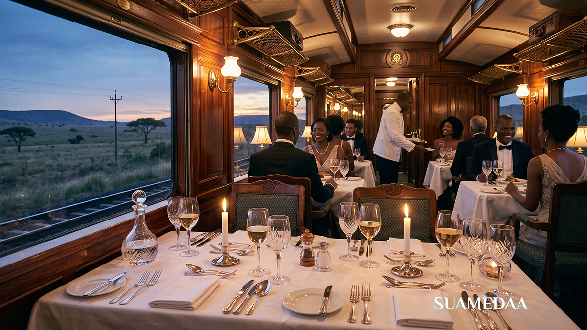 a-luxury-African-train-white-linen-tablecloths-silver-service-cutlery-crystal-wine-glasses-reflecting-candleligh