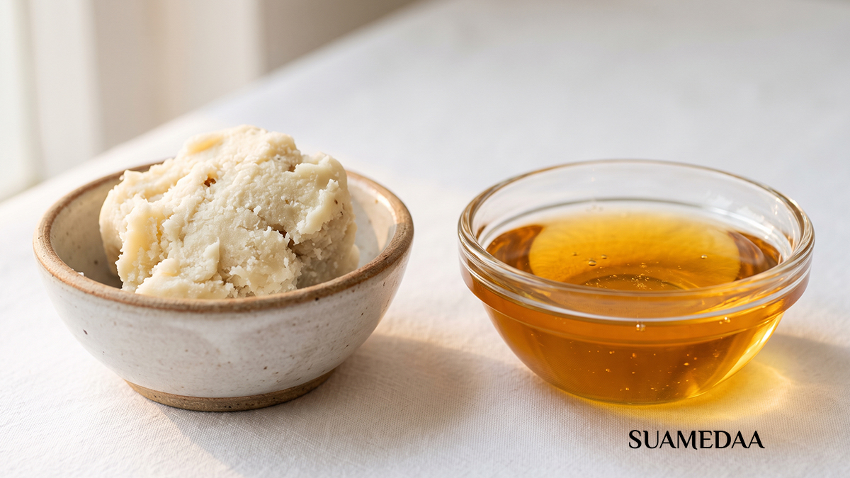 a-small-bowl-of-ivory-solid-shea-butter-beside-a-small-glass-dish-of-clear-golden-liquid-shea-oil