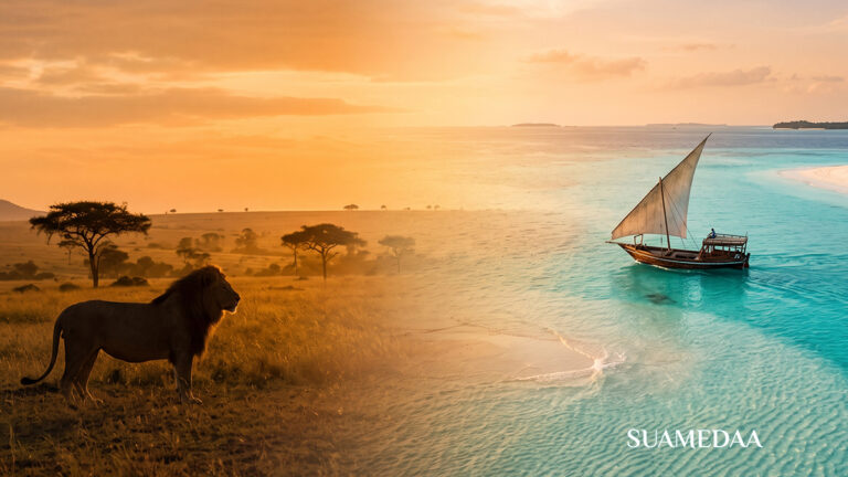 golden-Serengeti-savannah-at-dawn-with-a-lion-silhouetted-against-an-orange-sky