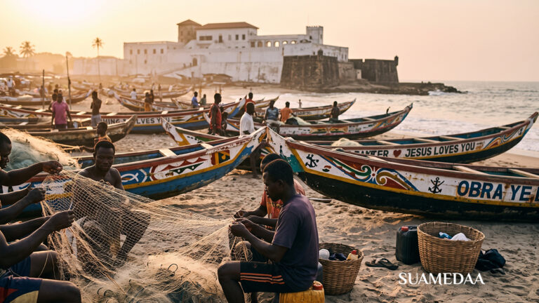 on-the-beach-at-Elmina-on-Ghana’s-central-coast,-fishermen-mending-nets